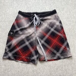 Op Swim Trunks Shorts Mens Medium (34x8) Plaid Board Lined Drawstring Cargo